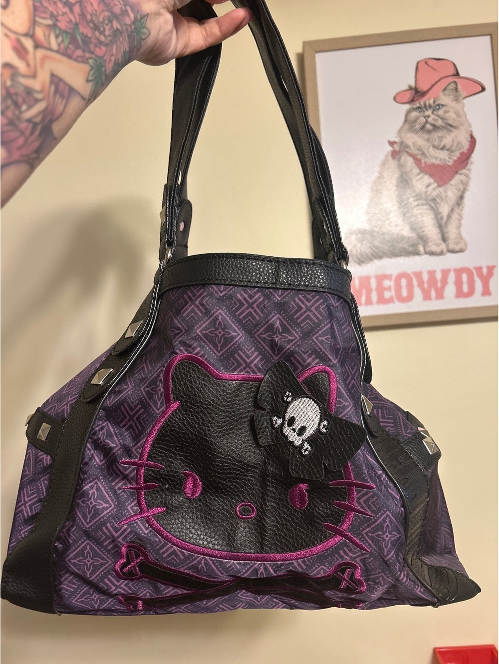 Hello Kitty Purple and Black Tote Bag with Skull and Crossbones Design